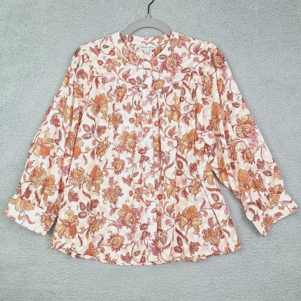 Ophelia Roe Blouse Womens Large Pink‎ Orange Floral Sheer Boho Cottagecore